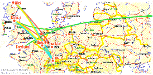 Europe Map of Plutonium Air Shipment Routes